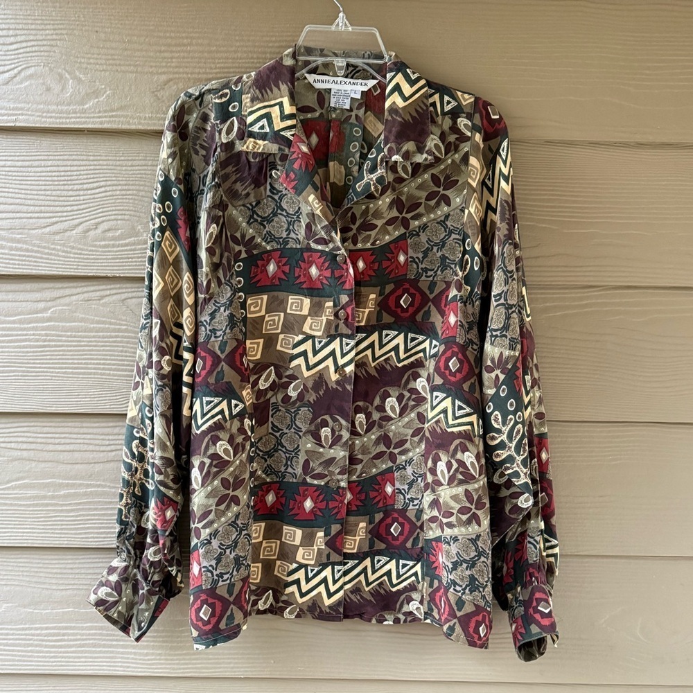 Annie Alexander 100% Silk Geometric Aztec Pattern Blouse Multicolor Size L